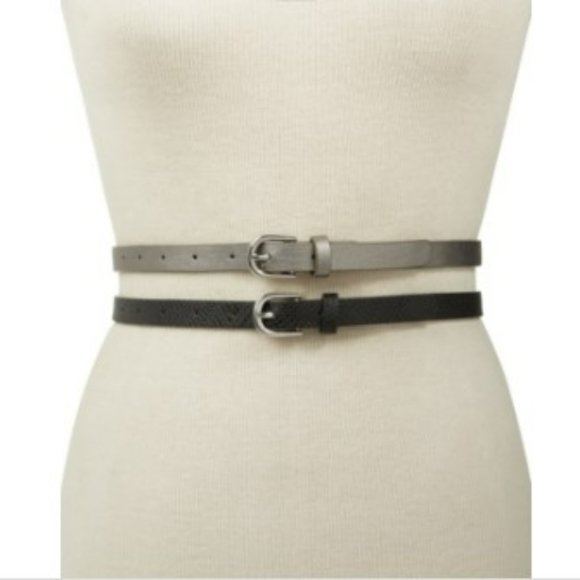 INC International Concepts Belts Skinny Medium Pewter Black snake embossed - Picture 3 of 7